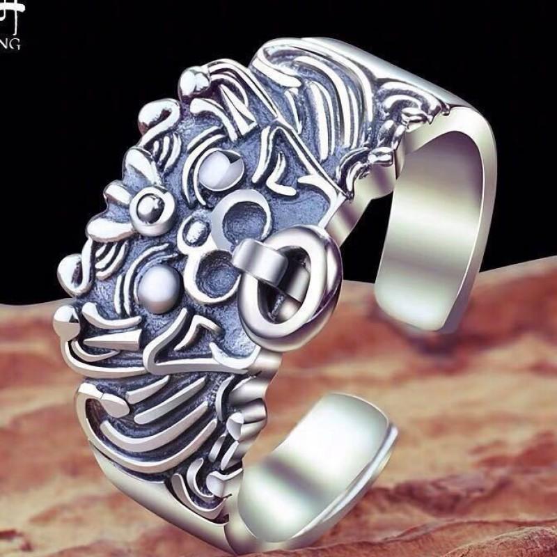Adjustable Open Ring Men Women Sterling Retro Mythical Beast Design Geometric Statement