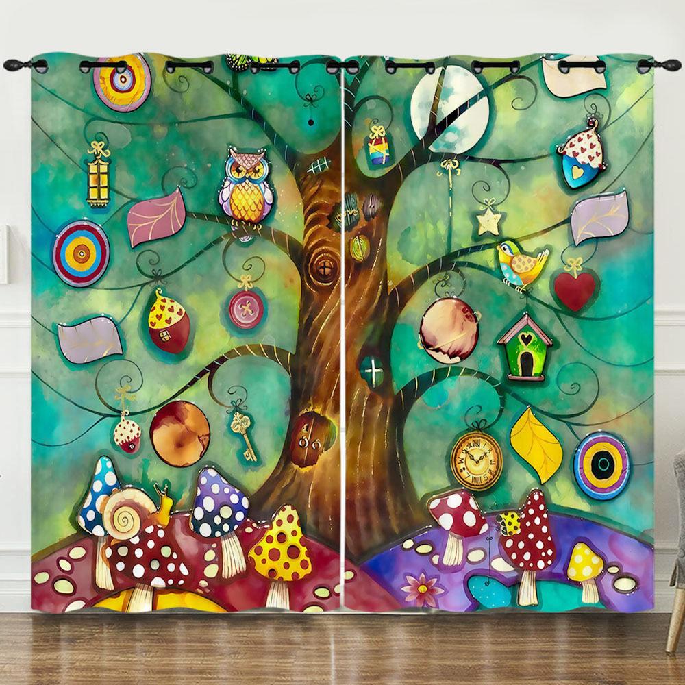 Curtain Wish Tree Owl 3D Digital Printing Blackout Curtain Punching