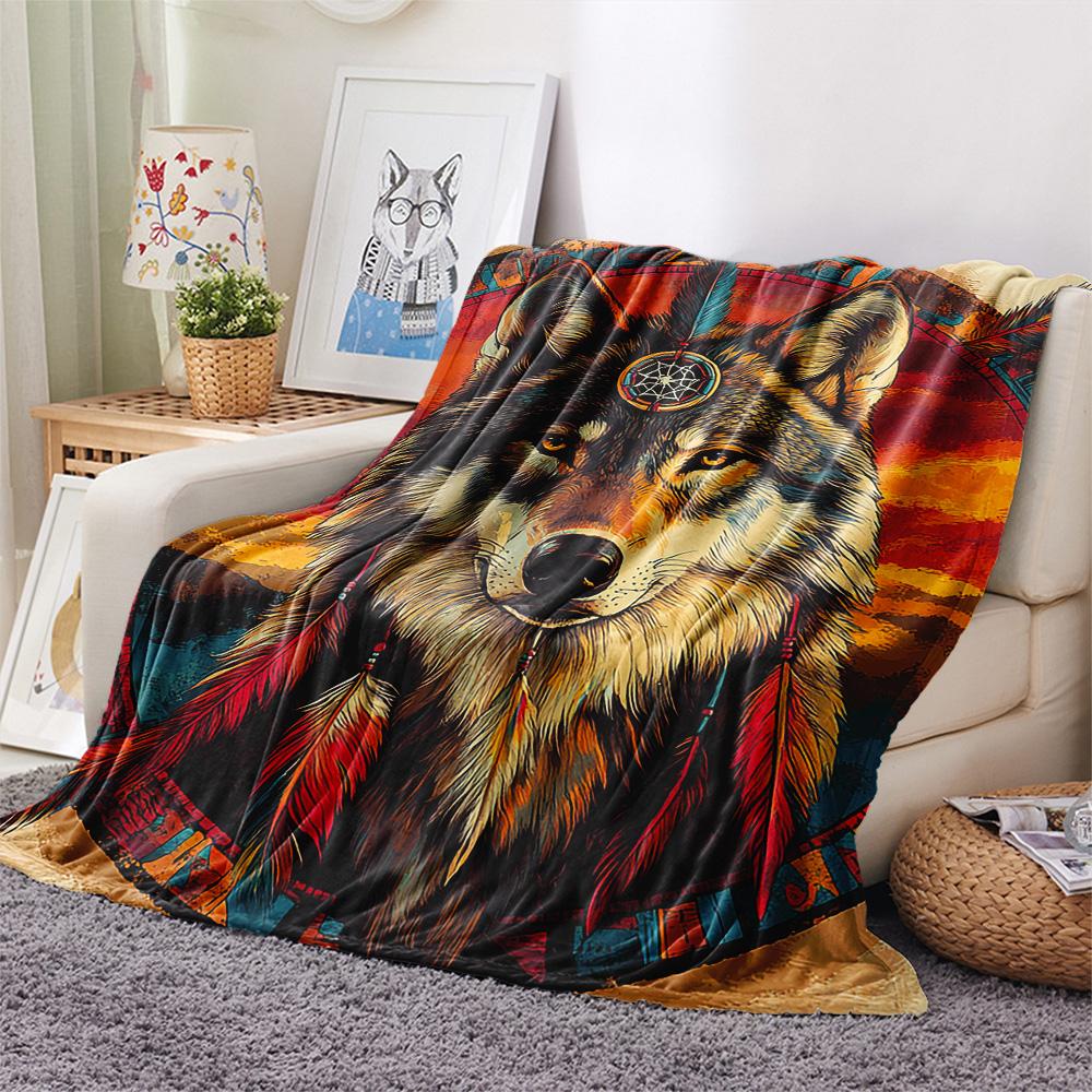 Primitive Wolf Print Flannel Blanket, High quality Comfortable for All Seasons, Home Decor, Warmth and Comfort, Perfect for Christmas Gifts
