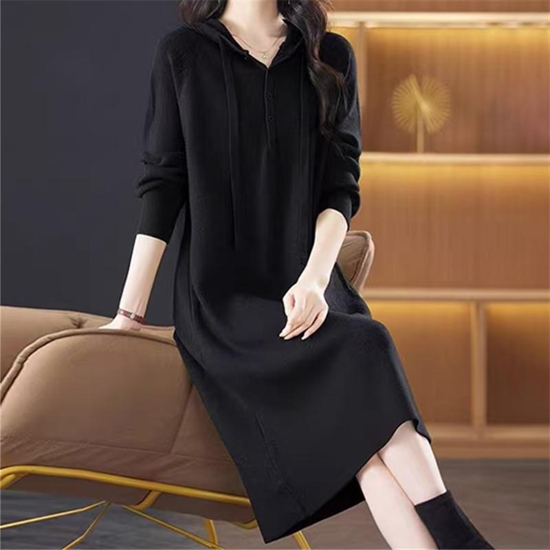 Hooded Autumn and Winter Knitted Dress New Casual Long Loose Women's Sweater Skirt Outer Wear
