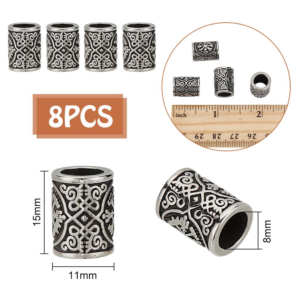 8Pcs 316 Surgical Stainless Steel European Beads, Large Hole Beads, Viking Beard Beads Hair Beads, Column, Antique Silver, 15x11mm, Hole: 8mm
