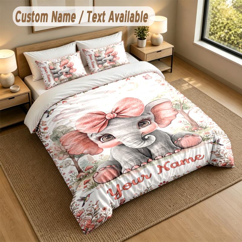 Elephant Theme Personalized 3Pcs Bedding Set Custom Text & Name 1 Sheet 2 Pillowcases Household Bedding 1pc