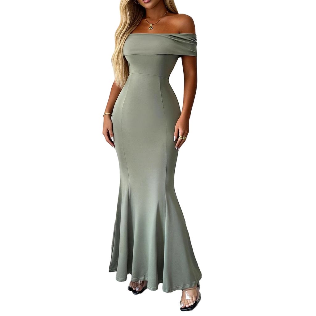Elegant Off,shoulder Short,sleeved Color Dress For Women