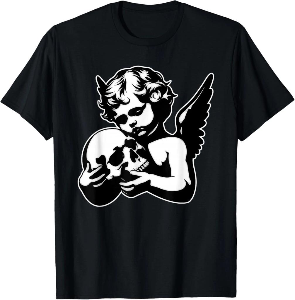 Cherub Angel Holding Skull Blackwork T- Shirt