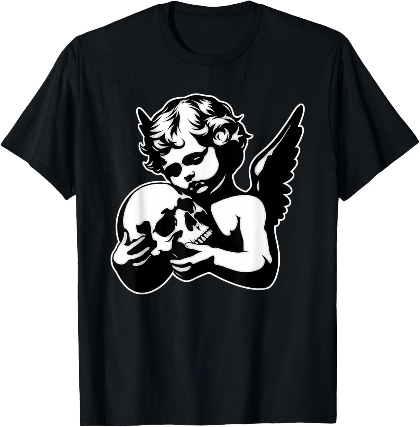 Cherub Angel Holding Skull Blackwork T- Shirt 4XL