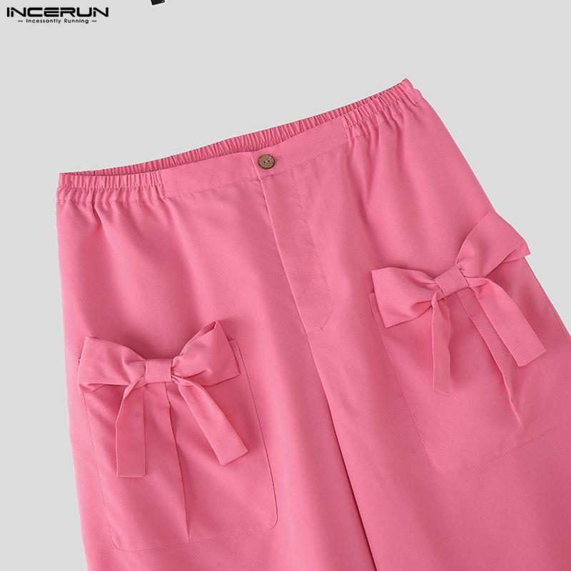 INCERUN Two Pieces Sets Men Lapel Neck Long Sleeve Cropped Shirt Bow Long Trousers Pants Outfits