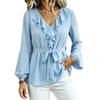 Women S V Neck Long Sleeve Lantern Shirt With Ruffle Tie Waist Solid Color Casual Blouse