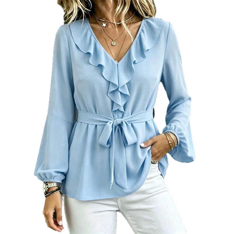 Women S V Neck Long Sleeve Lantern Shirt With Ruffle Tie Waist Solid Color Casual Blouse