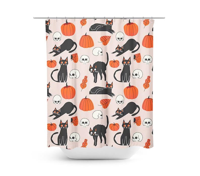 

Halloween Pumpkin Black Cat Shower Curtain Set with Pink Black Fall Pattern, Bath Mat Bathroom Decor for Autumn Festival 90x180cm35x71in