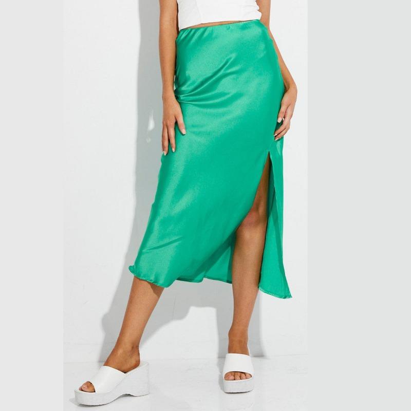 Атласная эластичная юбка-бюстье средней длины с высокой талией и разрезом XL коричневый — фото 6