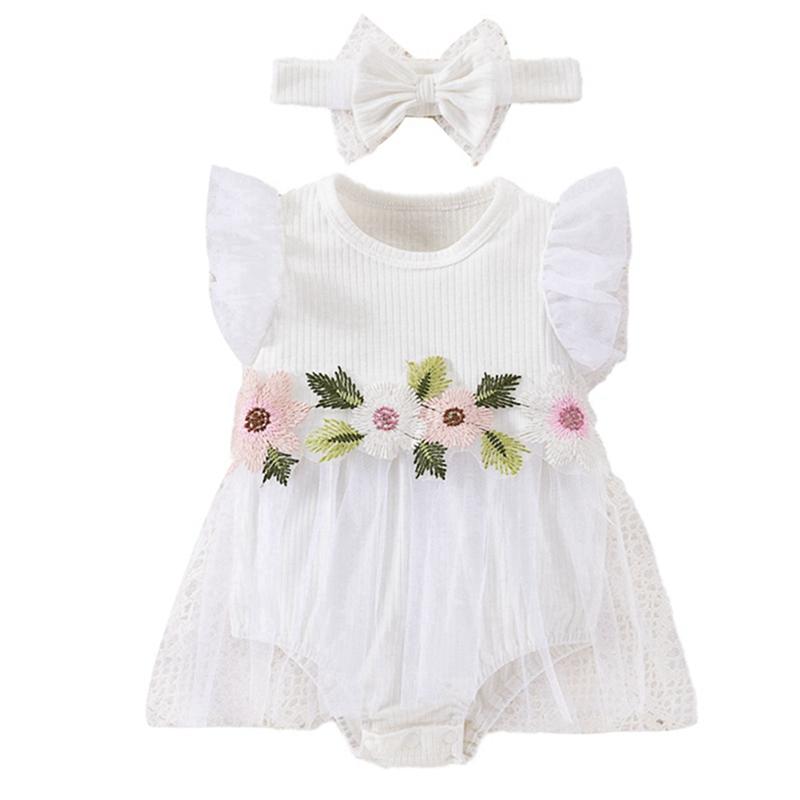 Infant Baby Flower-Embroidered Romper Mesh Dress with Headband