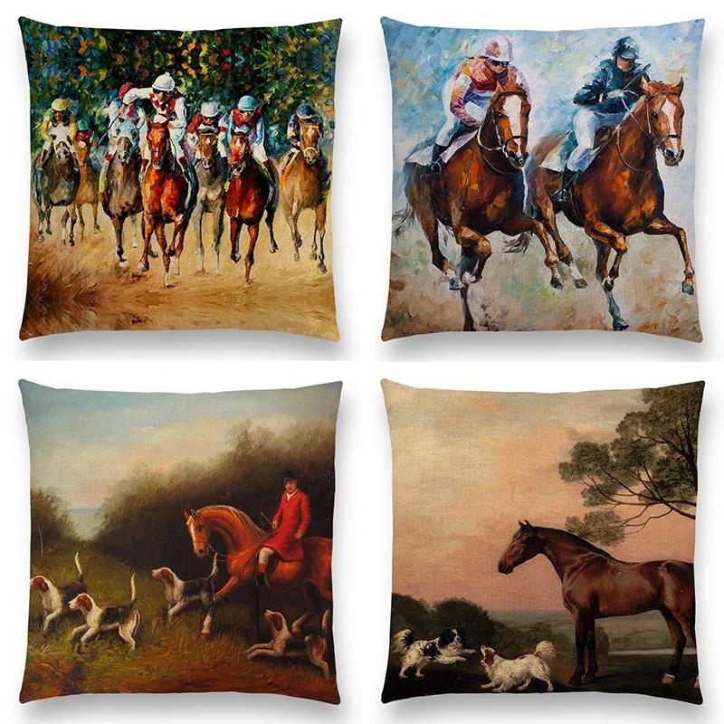 Horse Oil Painting Pillow Case Home Decor Vintage Cushion Cover for Sofa Car Linen Pillow Cover Home Decorative Drop Shipping