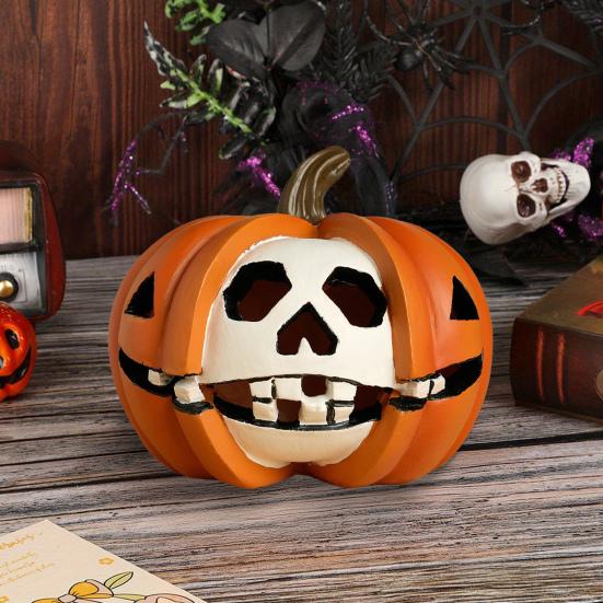 Halloween Pumpkin Statue Spooky Skull Pumpkin Sculpture Resin Tabletop Ornament for Dining Table Living Room Office Shelf Decor