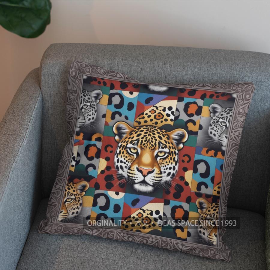 2D Jaguar Pattern With Geometric Design Pillow Cover Pattern Cushion Cover Suitable For Sofa Bedroom Car Pillow Cover