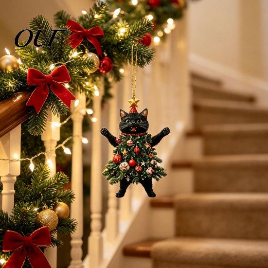 Indoor Holiday Ornaments 2Pcs Christmas Cat Acrylic Ornament, 2D Flat Kitty Hanging Pendant with Durable Santa Hat Tree Decor, Car Rearview