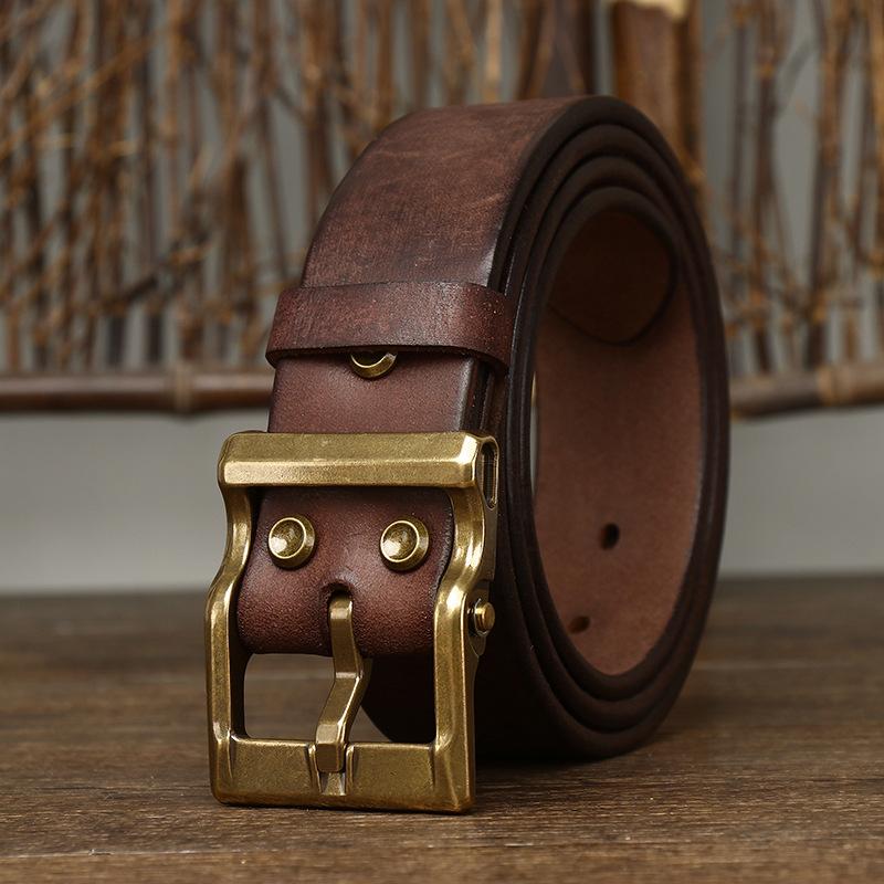 Men's Leather Belt Thickening Bolding Vegetable Tanned Full-Grain Leather Cowhide Brass Buckle Retro Genuine Leather Fashion