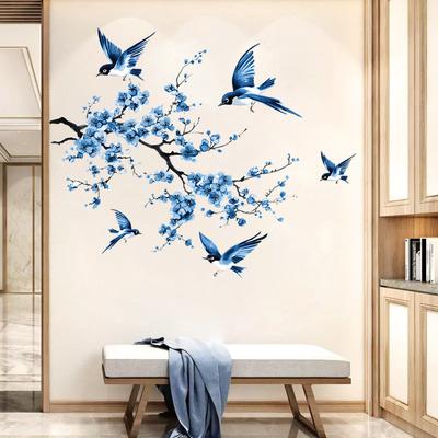 Sticker Mural Oiseau Bleu Fleuri Peint à la Main Chambre d'Enfant Salon Décoration Murale Autocollant Décoration de Maison