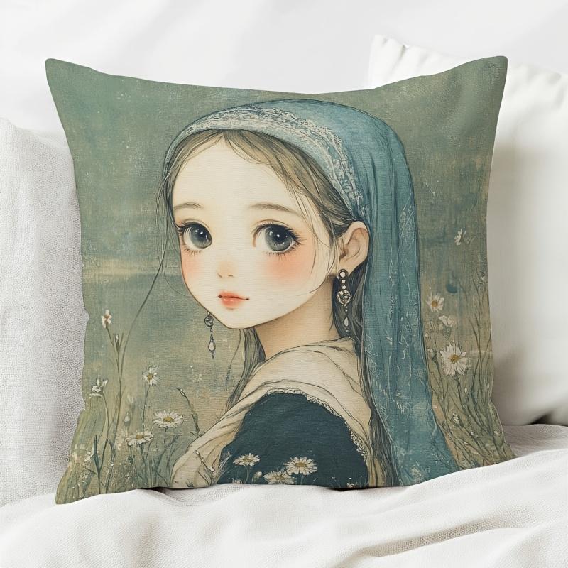 1pc, 1pc Square Short Plush Pillowcase with Girl Wearing Pearl Earrings Print, Single-Sided Printing, Suitable As Gift for Friends, Pets, Christmas, T