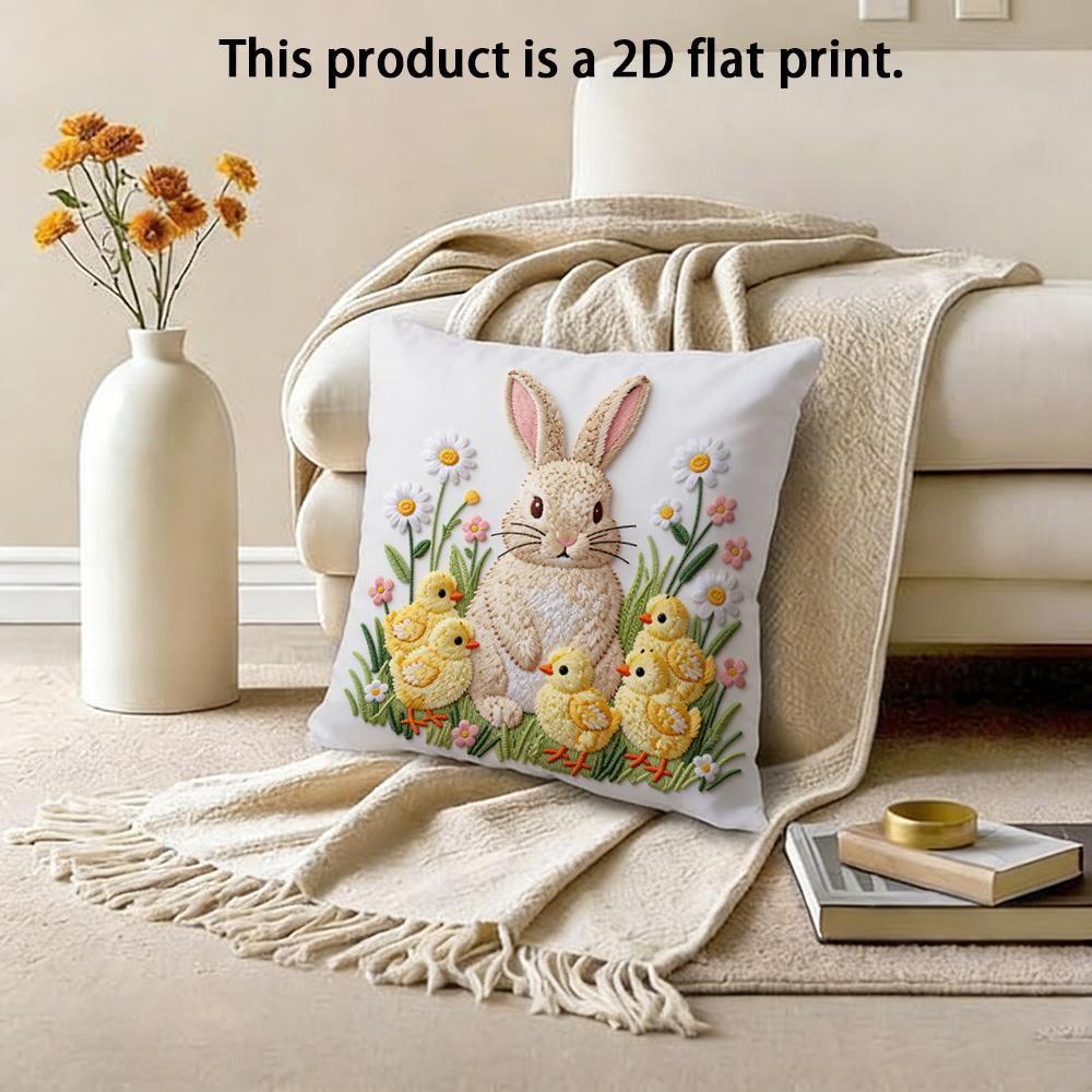 Easter Bunny Chicks Pillow Cover Faux Embroidery 2D Print Floral Spring Decor Soft Cozy For Sofa Bed Living Room Gifts