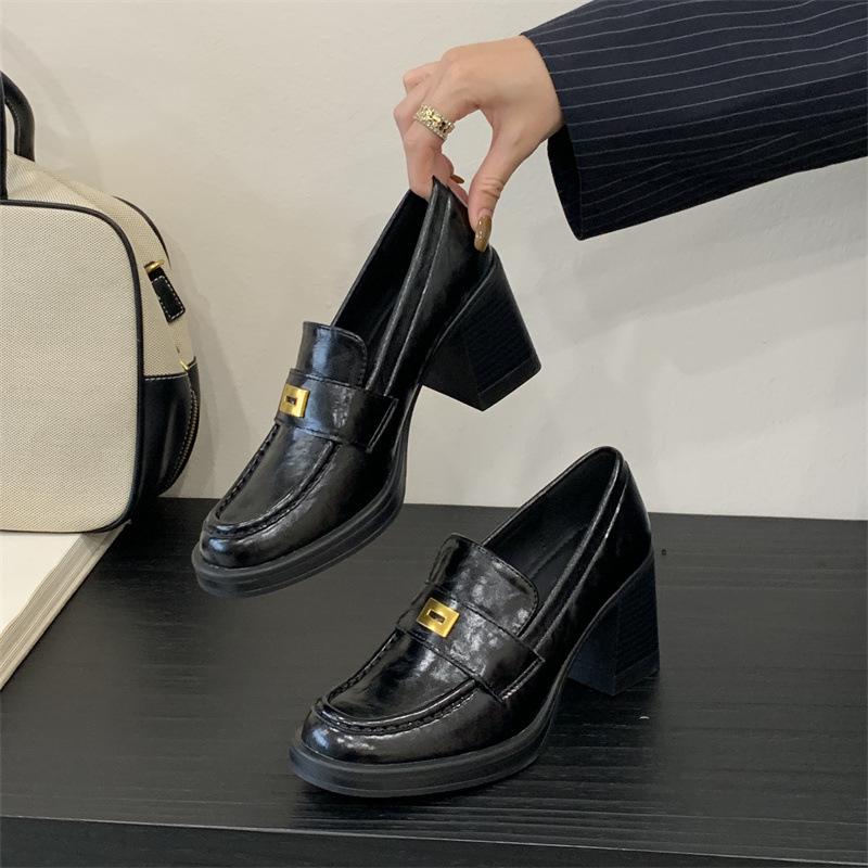 Retro British Style Loafers 2025 New Platform High Heels Small Leather Shoes Lazy One Pedal Thick Heel Single Shoes