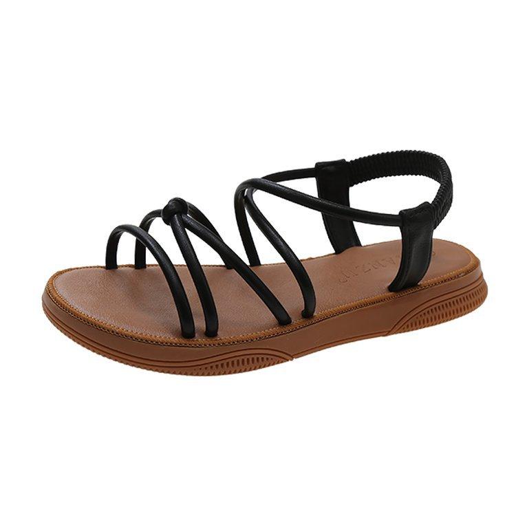 Fashion Comfort Shoes for Women Female Sandal Cross Soft 2025 Summer Strappy Heels Open Toe Girls Beach Flat Low Beige New  Peep Elastic