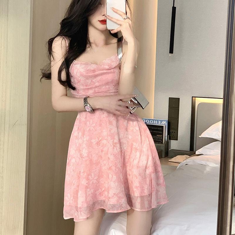 Y2K Pink Romantic Floral Spaghetti Slip Dress Women 2022 Summer Slim Elastic High Waist Party Club Mini Dresses