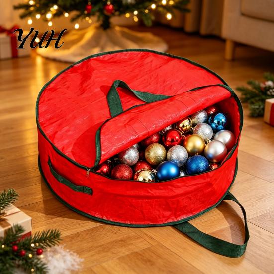 Stackable Storage Solution Round Garland Bag with Reinforced Handles, Waterproof PE Fabric Durable Dustproof Organizer, Zipper Closure Foldable Space
