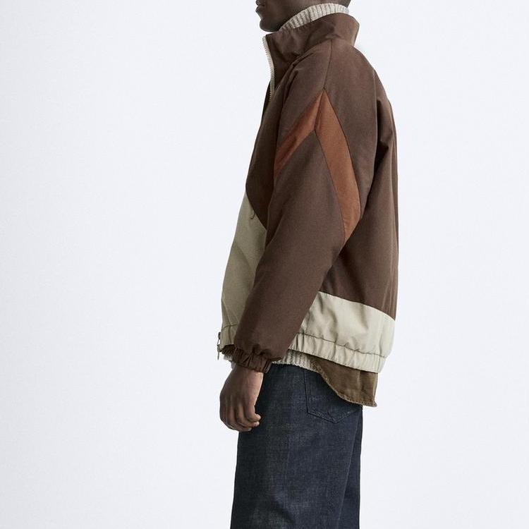ZARA Color Block Stand Collar Zipper Thick Long Sleeve Jacket Men jackets Brown 8281365-472