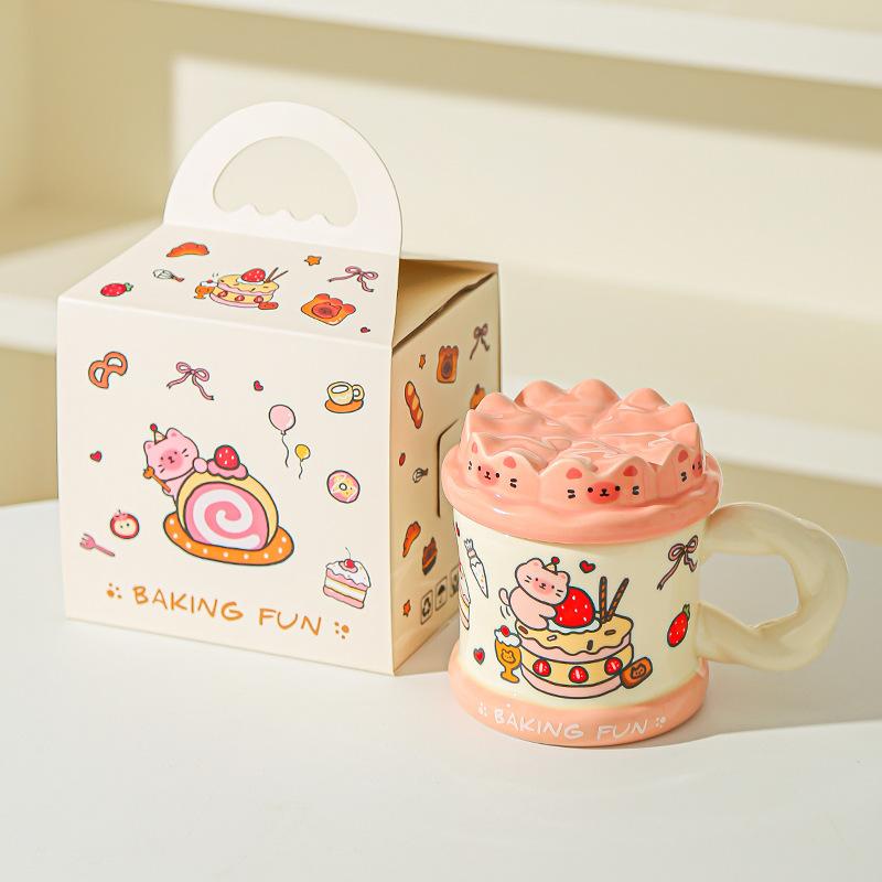 Hand drawn Birthday Cake Cute Cat Mug Office High Looking Girl Water Cup with Lid Home Couple Ceramic Cup