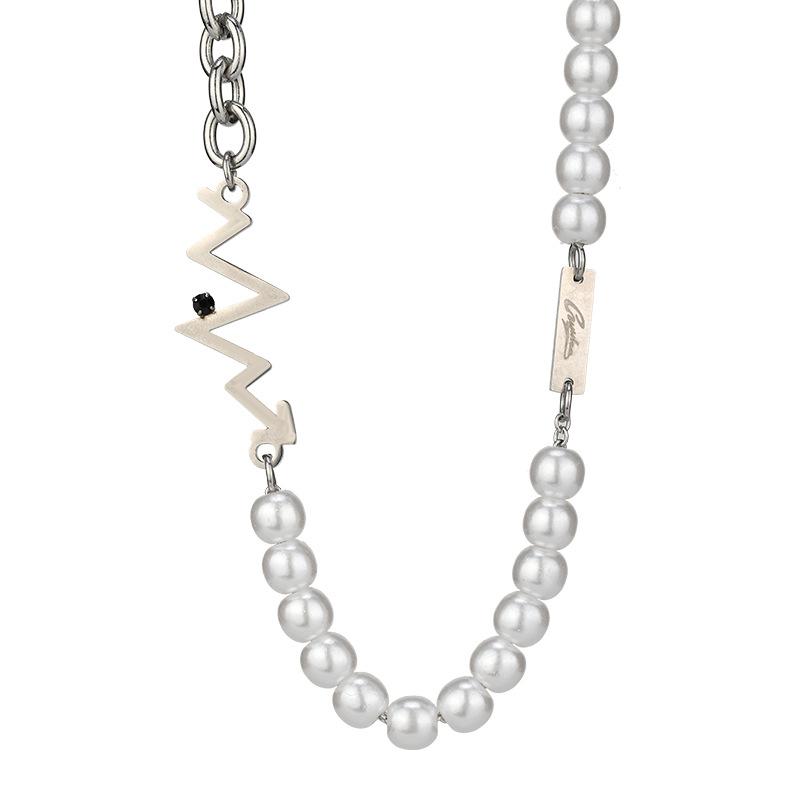 Tide Brand Pearl Necklace Female Live Stream With The Same Hip-Hop Titanium Steel Heartbeat Necklace Autumn And Winter Accessories
