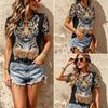 Vintage Ethnic Floral Print Tee Crew Neck Distressed Boho Casual Short Sleeve Pullover T Shirt Top