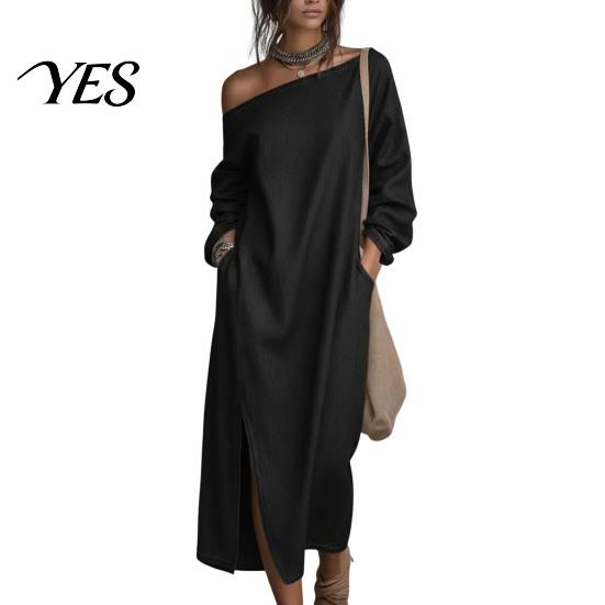Party Dress Casual Women's One Shoulder Long Sleeve Maxi Dress, Cotton Linen Tunic Side Slit Summer Loose with Pockets Retro Style