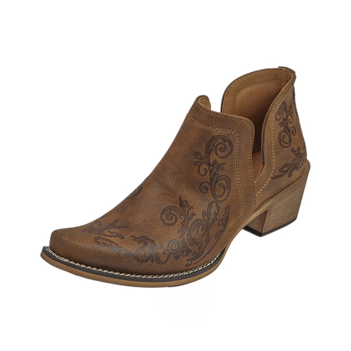 2026 Frühling Damen Bestickte Kurze Retro-Stiefel: Ethnische Western-Cowboy-Schuhe mit klobigem Absatz 36 braun