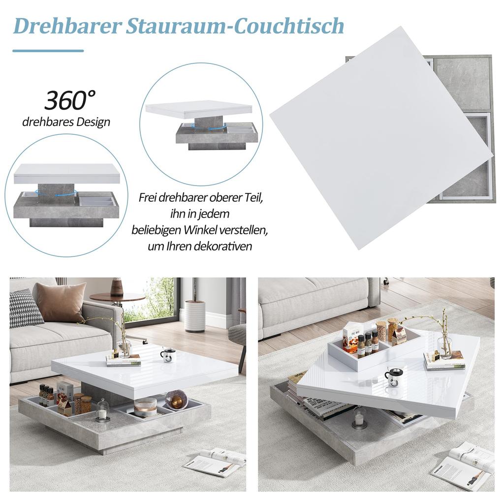 Couchtisch quadratische Drehbarer Moderner verstecktem Ablagefach, kreativer Sofatisch Kaffeetisch Mitteltisch Home Office, Weiß & Marmor