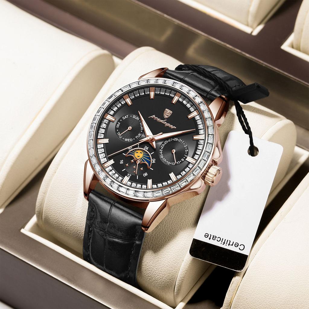 Herren-Quarzuhr mit Diamantenbesatz, Drei-Augen-Sechs-Zeiger-Mondphasen-Zifferblatt, Wasserdichte Herrenuhr mit Leuchtzeigern für Business und Freizeit, Geschenk für die Feiertage