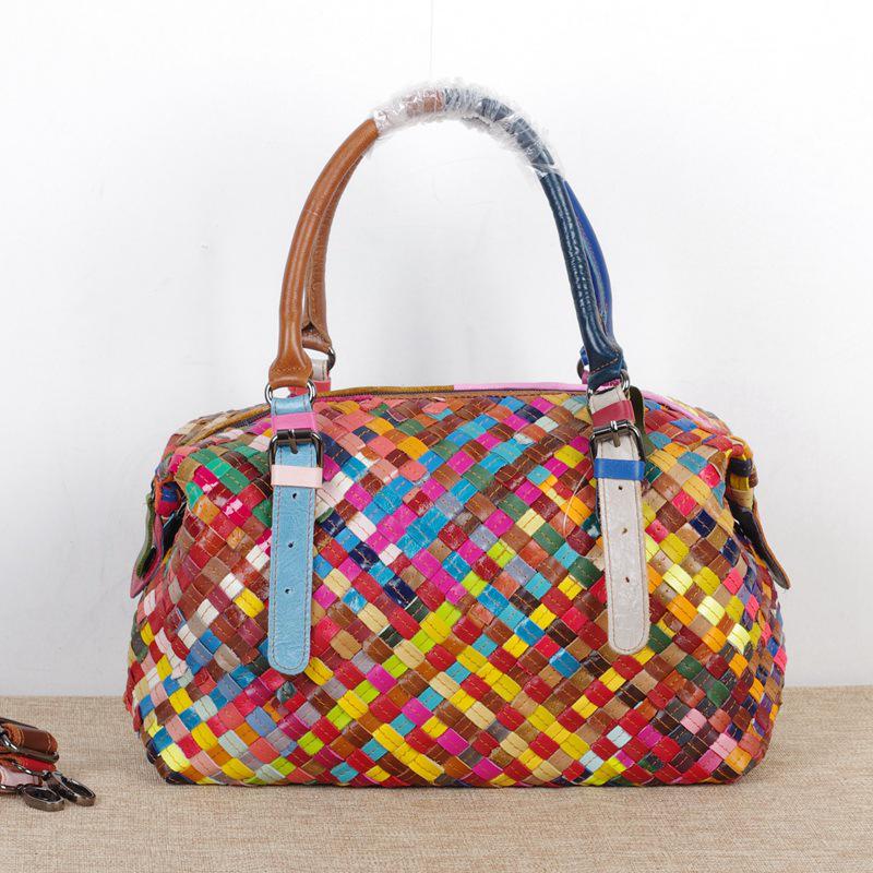 Woven Bag Genuine Leather Women S Bag Cowhide Colorful Retro Casual Lock Women S Hand Carry Multi-Layer Portable Messenger Bag