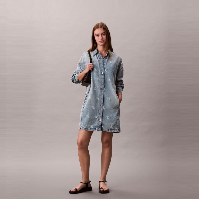 Calvin Klein Vintage Cotton All Over Print Letter Jacquard Denim Long Sleeve Dress Women Dresses 47C786G