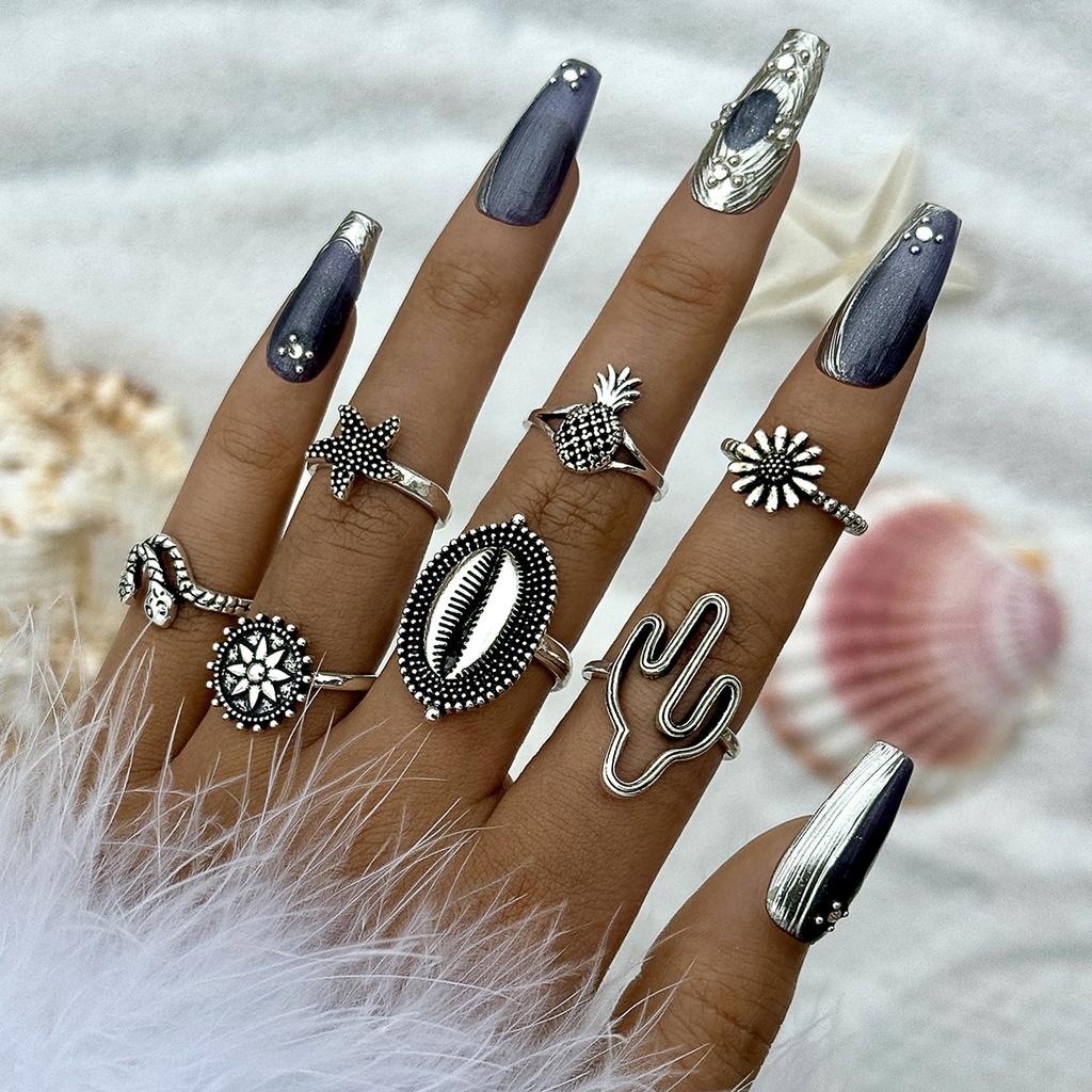 European and American Bohemian Starfish Scallop Ring Beach Style Coconut Tree Butterfly Carved Vintage Ring Set