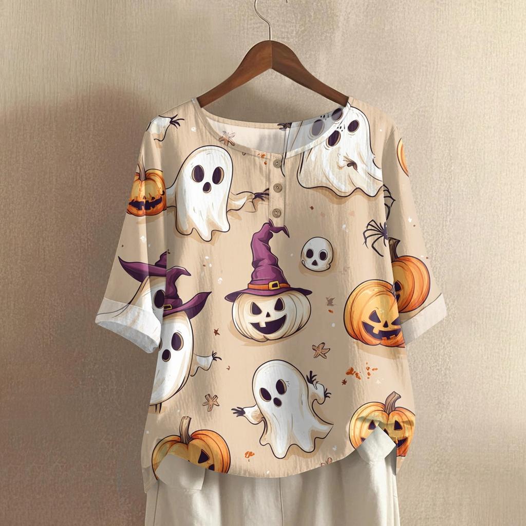 Damen Modisches Und Lässiges Shirt Halbarm Rundhals Print Baumwolle Und Leinen Bluse Top