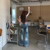 Spring Summer Mid Low Waist Cat Whisker Sandblast Vintage Blue Relaxed Straight Wide Leg Casual Denim Pants Ladies Casual Oversize Denim Trousers
