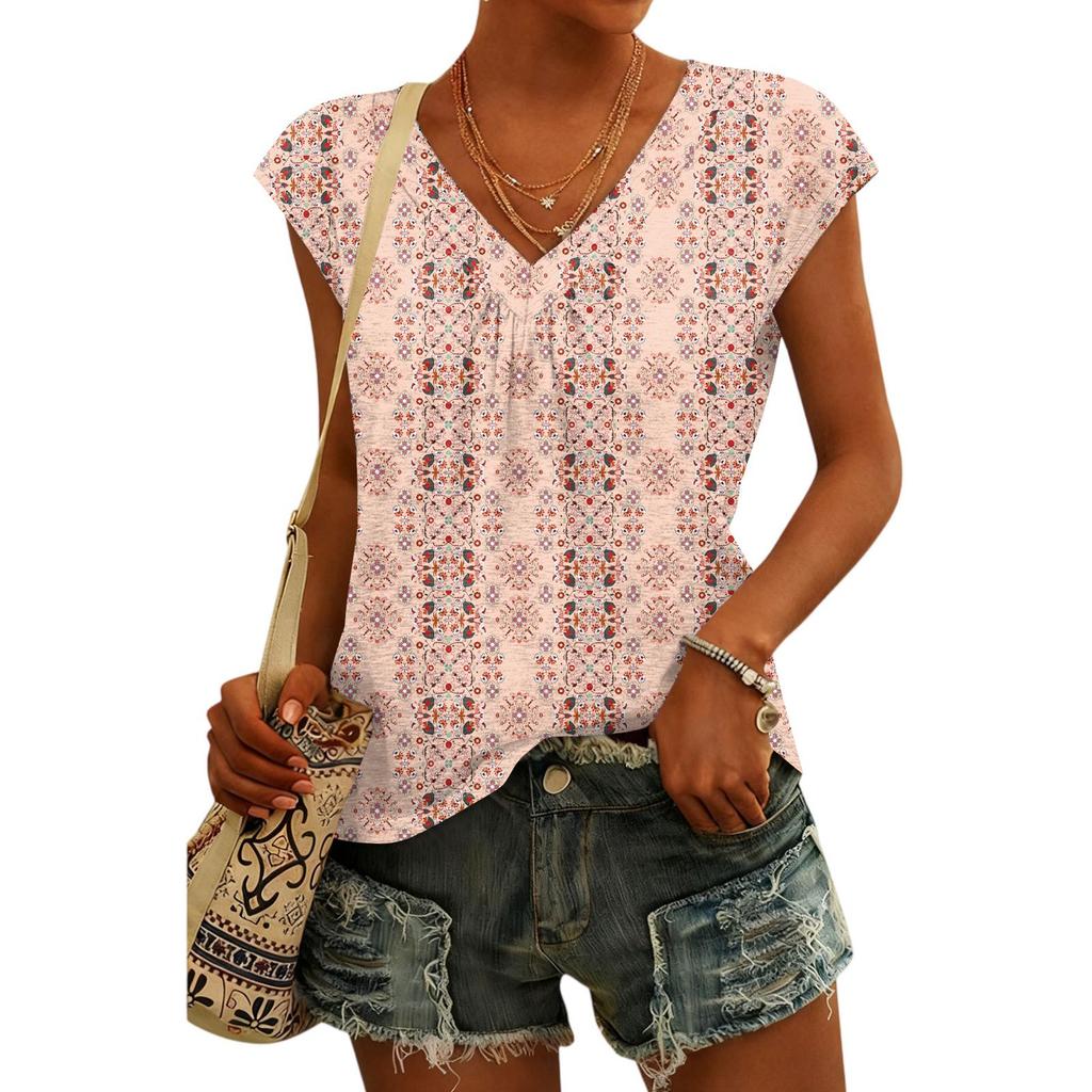 Women's Fashion V-neck Bohemian Print Short Sleeve Top