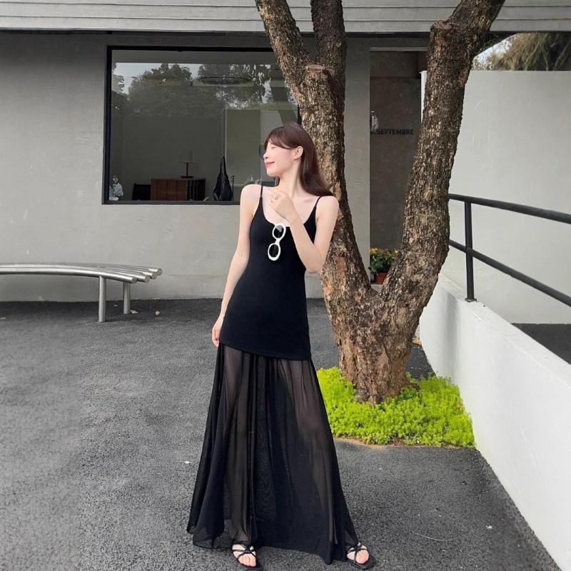 Design Mesh Splicing Suspender Dress Female Niche Temperament Waist Long Gentle Style White