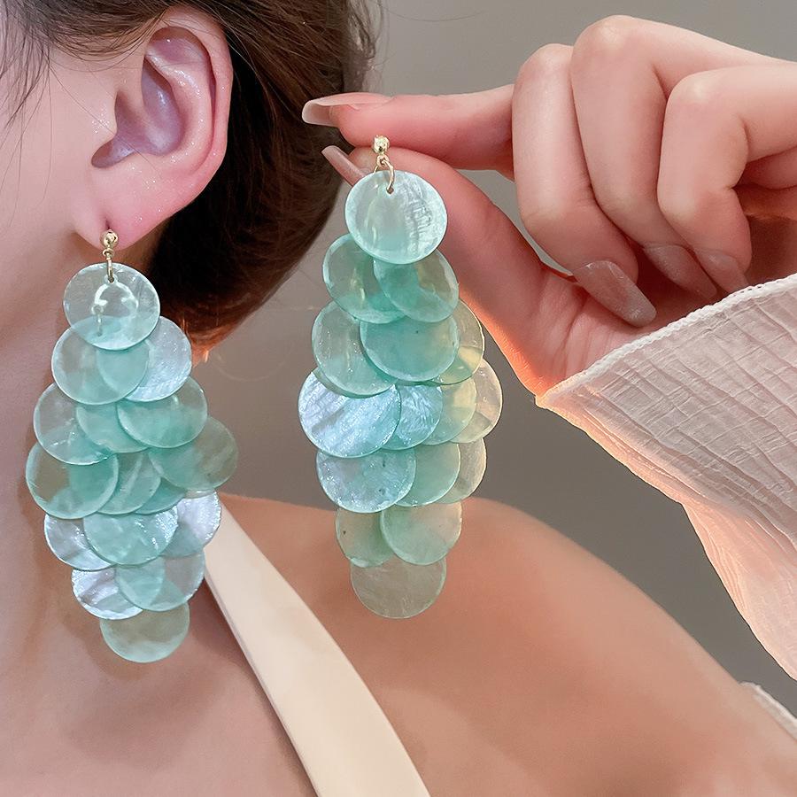 Silver Geometric Seashell Tassel Stud Earrings – Beach Vacation Style for Women