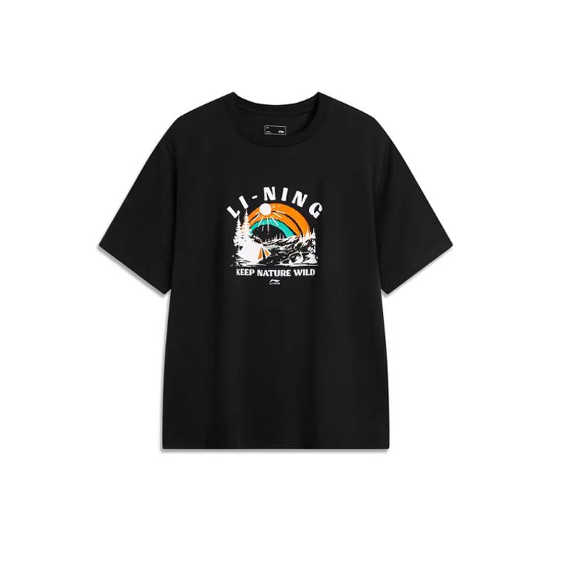 Li-Ning Fashionable Printed Trendy Loose Breathable Casual Comfortable Versatile Round Neck Pullover Short Sleeve T-Shirt Men Tops Black AHSV337-4 S