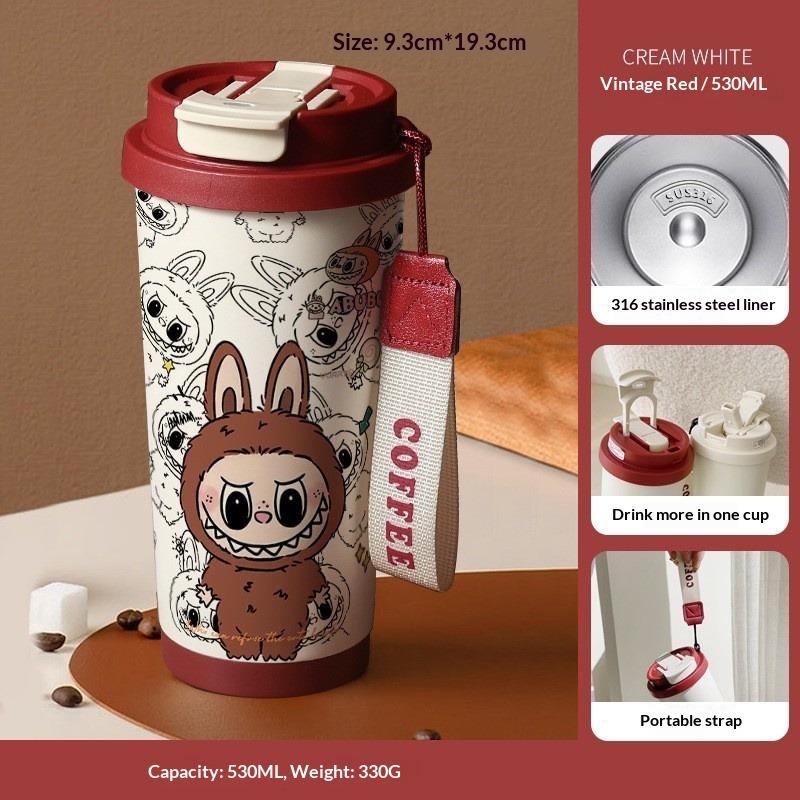Cartoon Pattern Coffee Cup 316 Stainless Steel Thermos Cup Portable Double Drinking Straw Water Cup