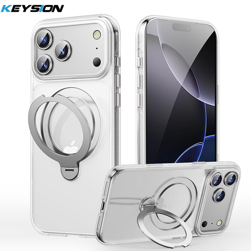 KEYSION 360° Rotating Magnetic Ring Stand Case for MagSafe for iPhone 17 Pro Max Matte Transparent Shockproof Phone Back Cover