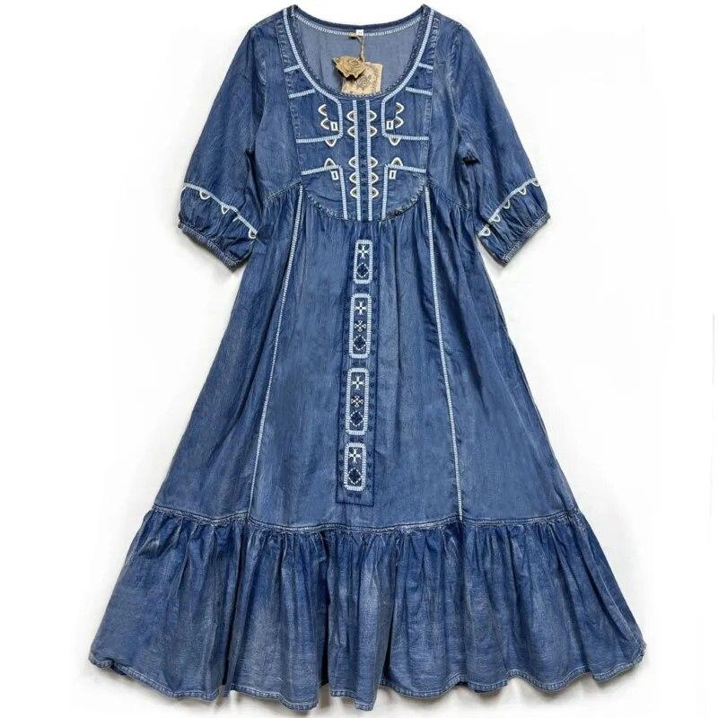 Johnature Woman Spring Cotton Vintage Lotus Leaf Pendulum Dress O-Neck Loose Half Sleeve Embroidery Niche Casual Dress