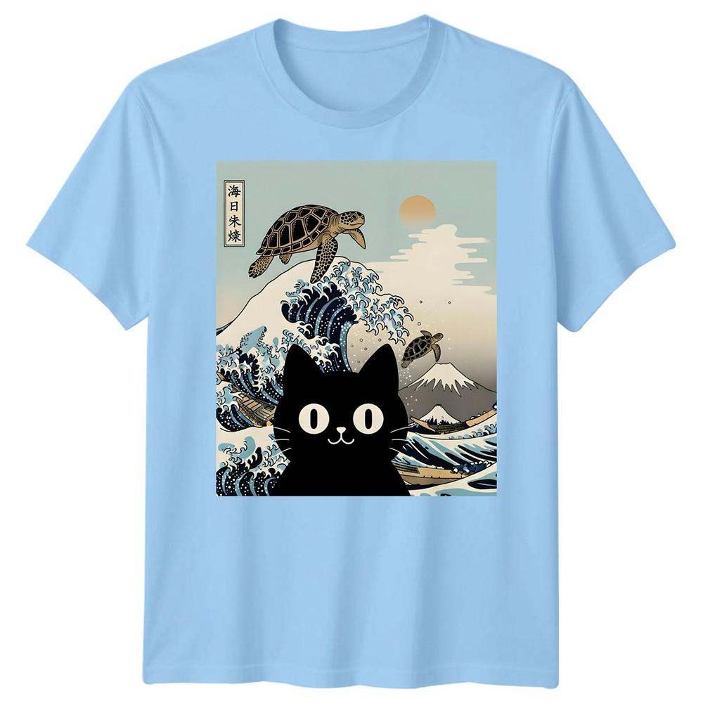 Black Cat Sea Turtle Kai Nichi Bei Yaki Japanese Art Ukiyoe Style Graphic Tee S