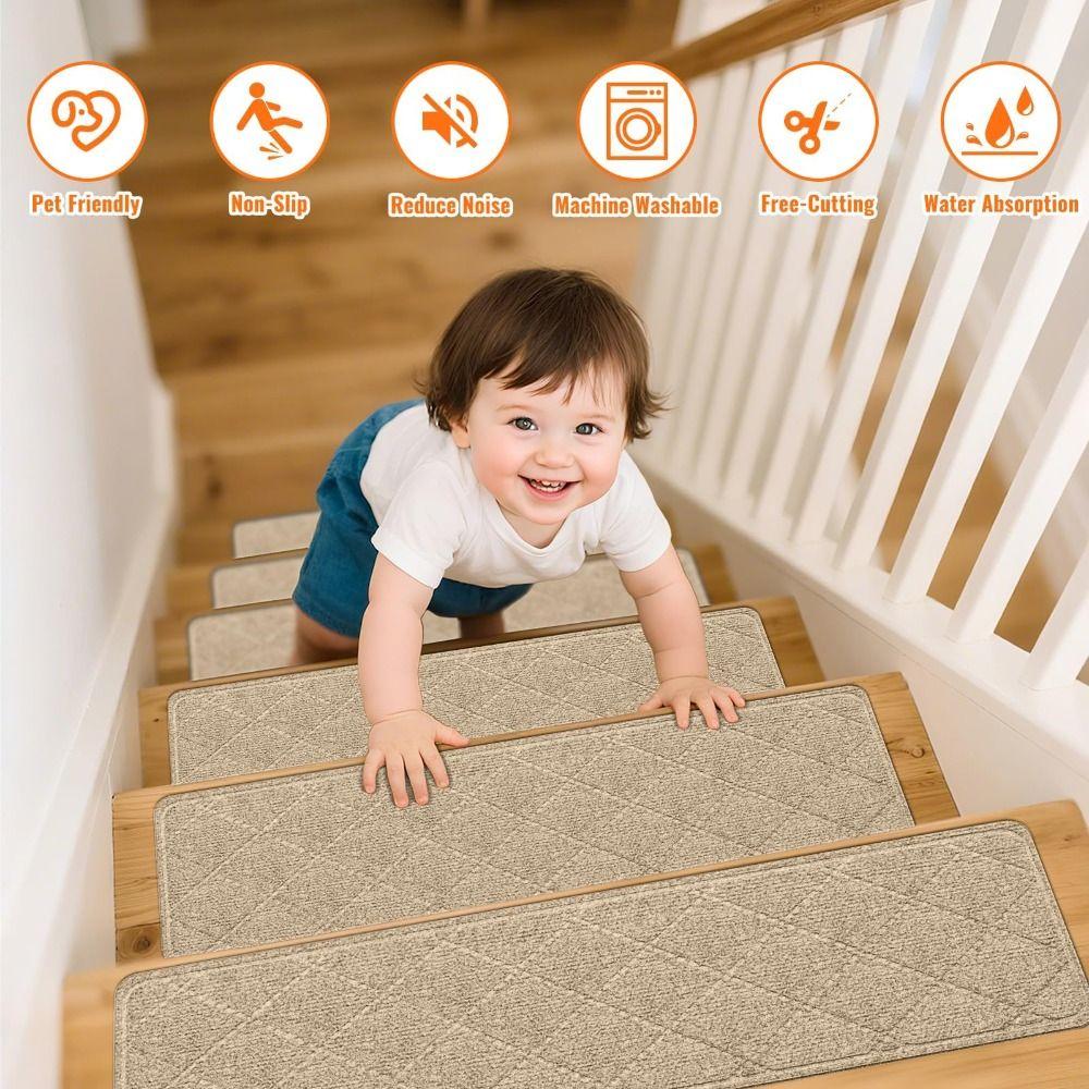 1pc Home Deco Non-Slip Stair Treads Self-adhesive Washable Carpet 8x30 Inch TPR Backing Stair Mats for Most Steps