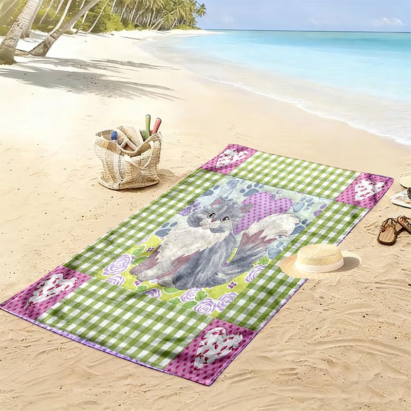 Cat Patchwork Art Print Beach Towel, Large Soft Quick Dry Towel for Beach Camping Swimming